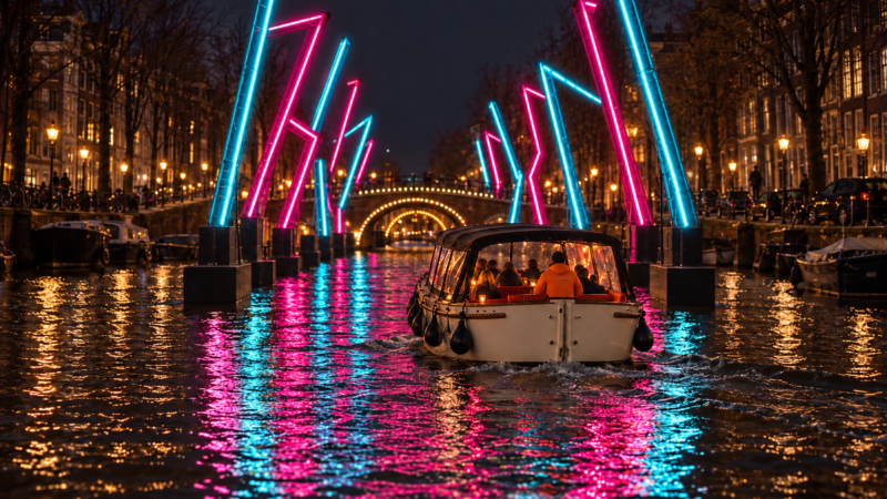 Sloep langs het amsterdam light festival